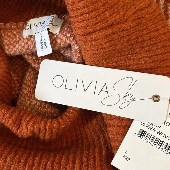 New Olivia Sky Plaid Print Rust Cowl Neck Sweater size large - Picture 6 of 8